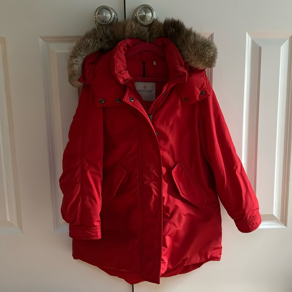 Moncler Red Kids Puffer Jacket with Fur Trim